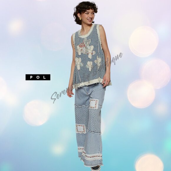 POL Blue Denim Flower Patchwork Frayed Edge Baggy Sleeveless Cotton Drapery Top - Picture 7 of 9